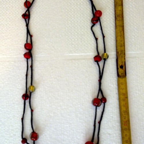Double necklace 38cm with red glass beads on black cord