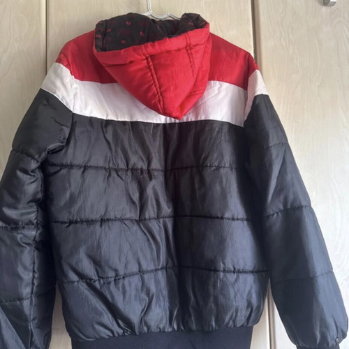 Windbreaker jacket used, black with red and white stripes, hooded