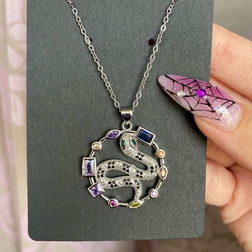 Steel necklace with snake and colorful rhinestones new