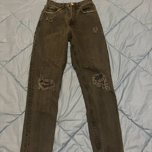 Bershka black denim pants used with ripped knees mom fit