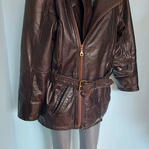 Men's biker parka jacket used, brown, natural leather