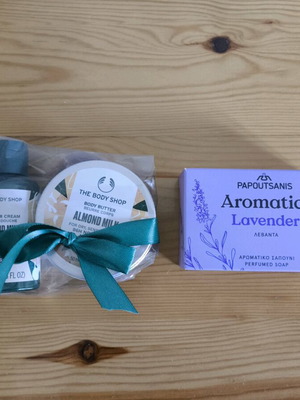 Body butter and shower cream from Body Shop and Papoutsanis soap new