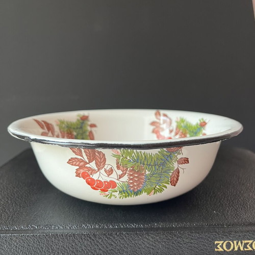 Vintage enamel bowl USSR with bullfinch design, 18cm, like new