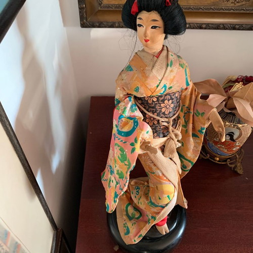 Japanese Geisha Doll used, 1960s with handmade clothes on wooden base