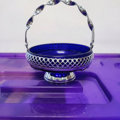 Metal fondue pot with blue glass bowl like new, vintage