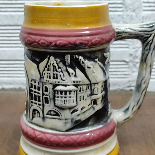 Vintage German Beer Stein ceramic used with embossed traditional design