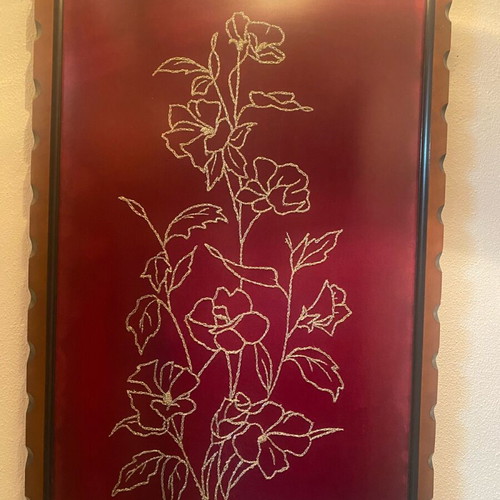 Embroidered painting like new with gold thread on red fabric
