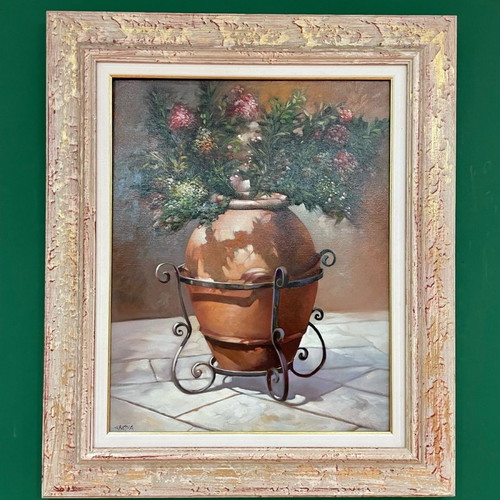 Grassia oil painting used, vase with flowers in handmade carved frame