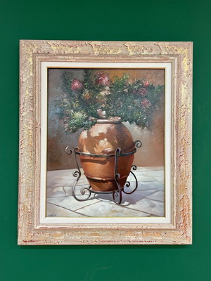 Grassia oil painting used, vase with flowers in handmade carved frame