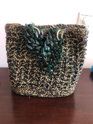 Knitted handmade bag new, green with satin interior