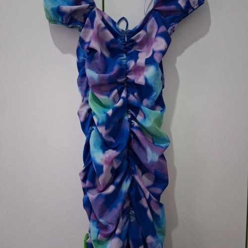 Bershka knee-length elastic dress, blue multicolor