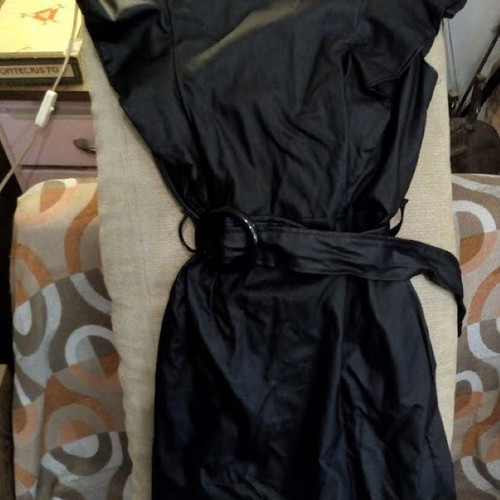 Black Shiny Belted Mini Dress with Ruffle Sleeves like new, size M