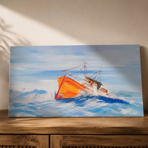 Guzzetti Handmade Painting on Wood used, Seascape 60x32 cm