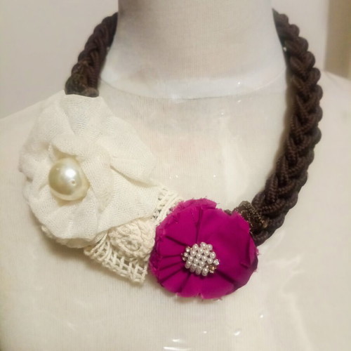 Handcrafted Boho Chic Statement Necklace with Fabric Flowers and Pearls