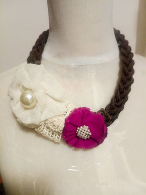 Handcrafted Boho Chic Statement Necklace with Fabric Flowers and Pearls