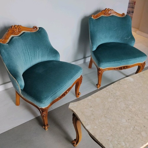 Louis Quinze Walnut Seating Set like new with covers and piping