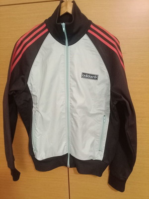 Adidas jacket used, light blue with red stripes, size L