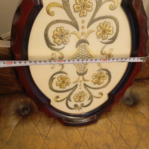 Oval wooden antique tray with handmade embroidery, like new