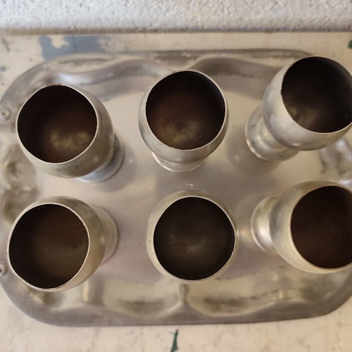 Silver Decorative Tray With 6 Liqueur Glasses Like New