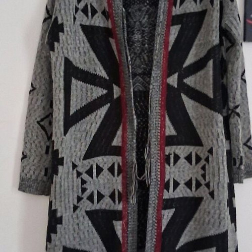 Cardigan with geometric patterns, long, like new, black and gray
