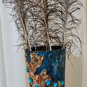 Handmade Floor Vase Peacock Set with Feathers and Carved Column