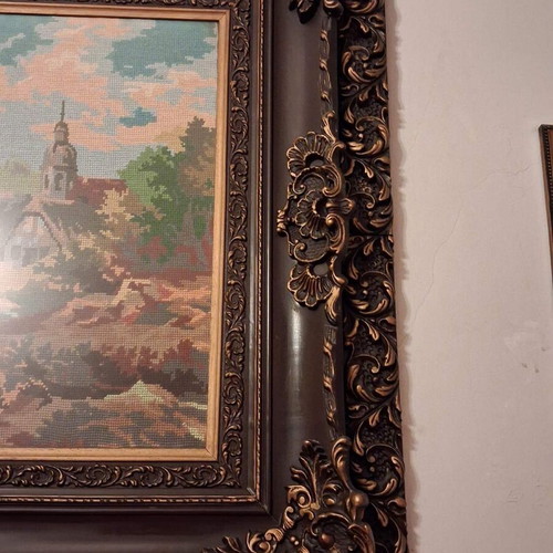 Gobelin tapestry used with handmade embroidery and carved frame