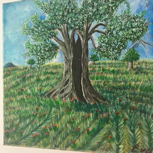 Olive Tree in the Meadow Small Acrylic Painting New 20x20