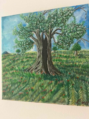 Olive Tree in the Meadow Small Acrylic Painting New 20x20