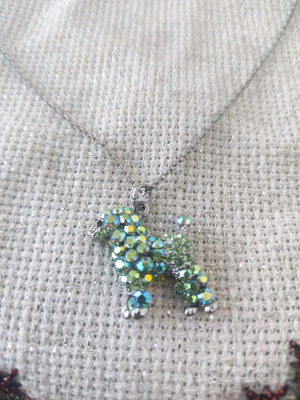 Poodle dog necklace with rhinestones new, green and silver