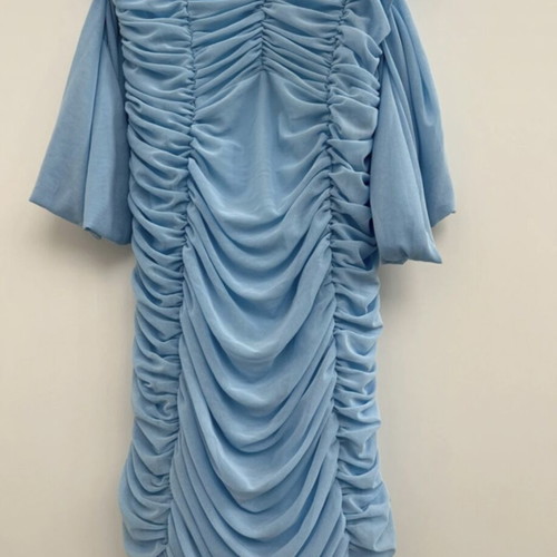 Romantic dress with ruching baby blue, new, fits small and medium