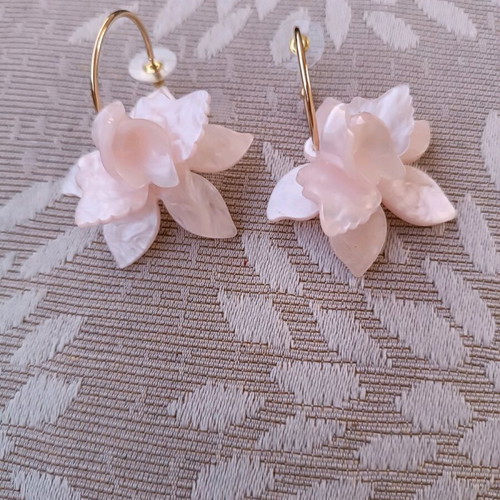 Earrings like new gold hoop with pink flower, summer design