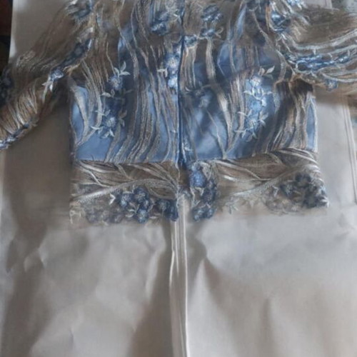 Two-piece dress blue satin and embroidered top new, size M