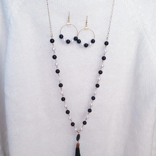 Handmade black and white beaded tassel necklace and earings