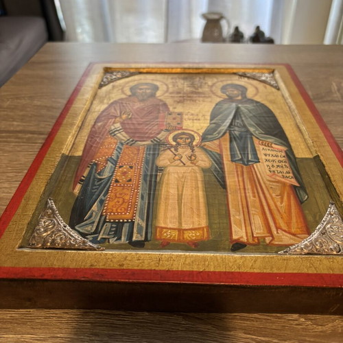 Handmade icon of Raphael Nikolaou and Eirini with 925 silver decoration used