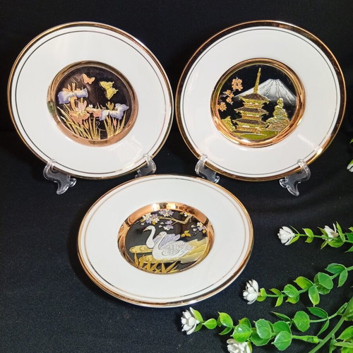 Set of 3 Japanese Chokin Art Plates with 24K Gold and Silver