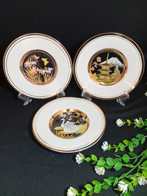 Set of 3 Japanese Chokin Art Plates with 24K Gold and Silver