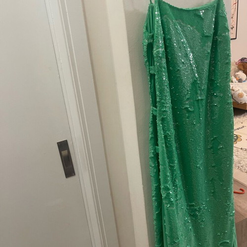 Stefania Vaidani green dress with sequins and side slits, new, size S