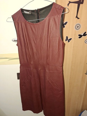Leather midi dress sleeveless with pleats new, brown and red