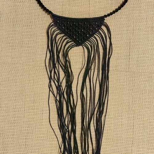 Macrame necklace new in blue and green tones with acrylic beads and fringes