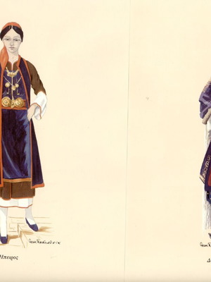 Engravings with folk costumes used, set of 4, chromolithographs