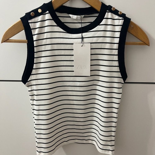 Zara Black and White Striped Top Size S New with Tags Gold Shoulder Buttons