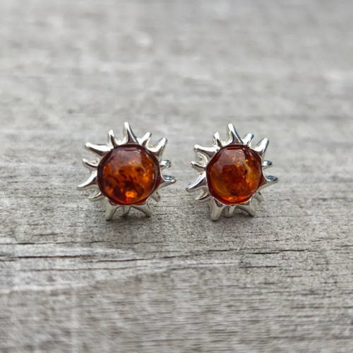 Silver Earrings with Baltic Amber Sun Design new