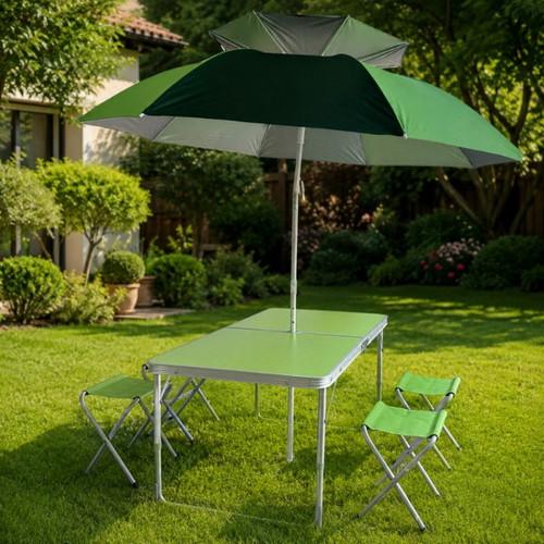 Folding table with 4 chairs and umbrella hole, green