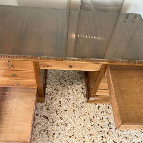 Wooden carved solid desk with drawers and glass like new