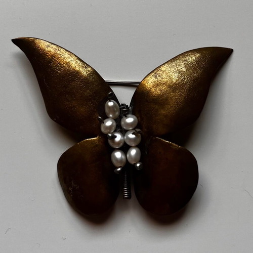 Art Deco butterfly brooch used with freshwater pearls gold tone