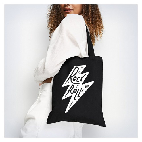 Black Canvas Tote Bag Rock & Roll Handmade Painted Unisex Shoulder Bag