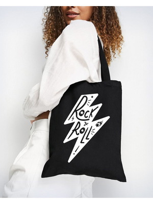 Black Canvas Tote Bag Rock & Roll Handmade Painted Unisex Shoulder Bag