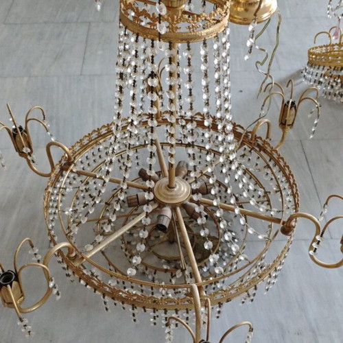 Ceiling Chandeliers used, set of 3, gold with fake crystals