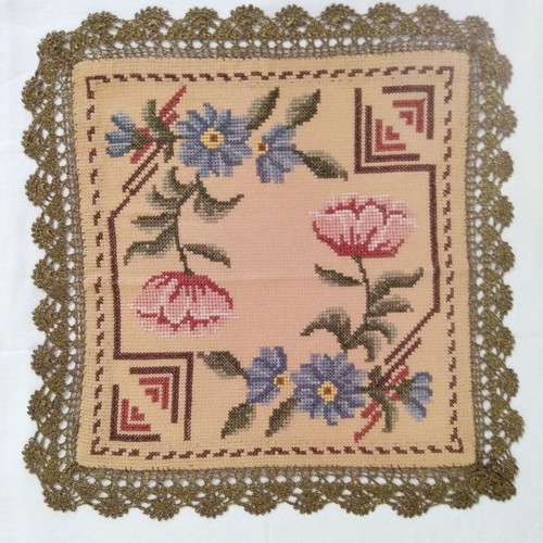 Cross Stitch Table Linens Set of 3 Used with Handmade Crochet Lace