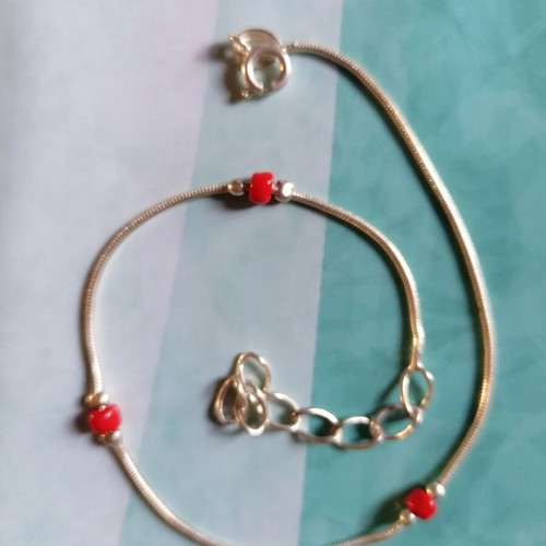 Silver 925 anklet with chain and red beads new